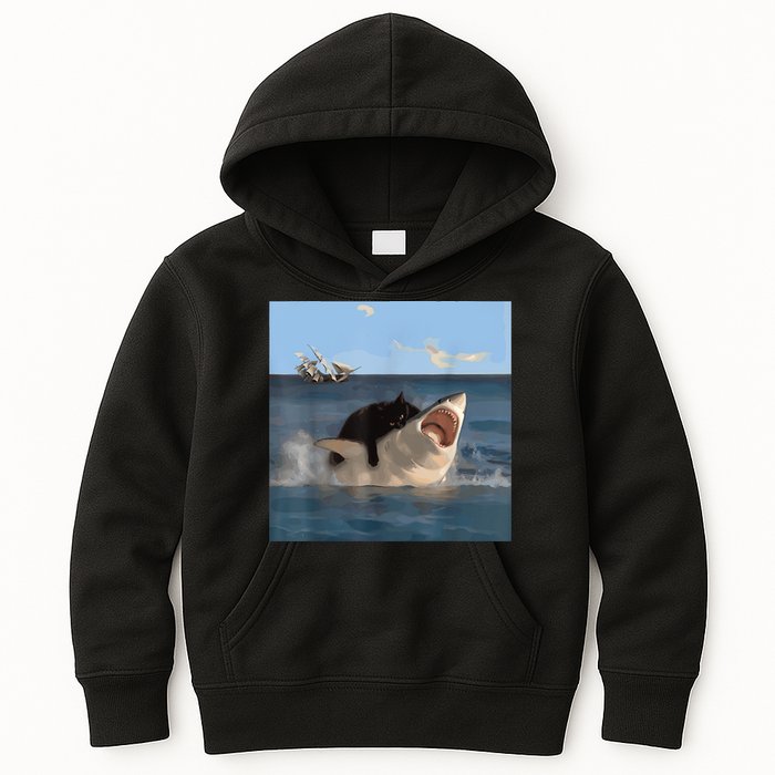 Cat Biting Shark Humorous Playful Funny Cat And Shark Kids Hoodie