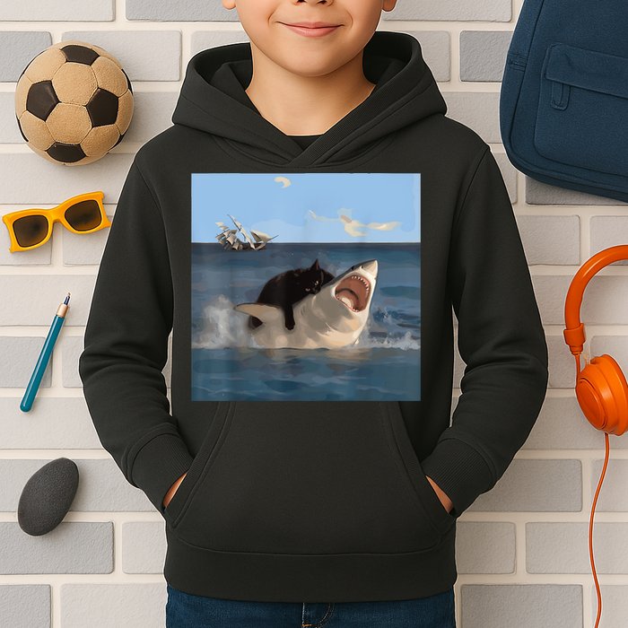 Cat Biting Shark Humorous Playful Funny Cat And Shark Kids Hoodie