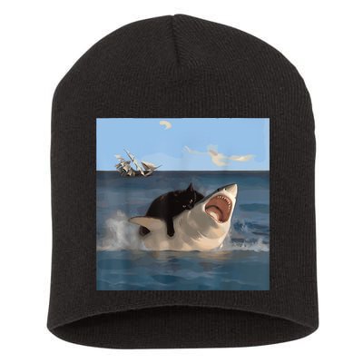 Cat Biting Shark Humorous Playful Funny Cat And Shark Short Acrylic Beanie