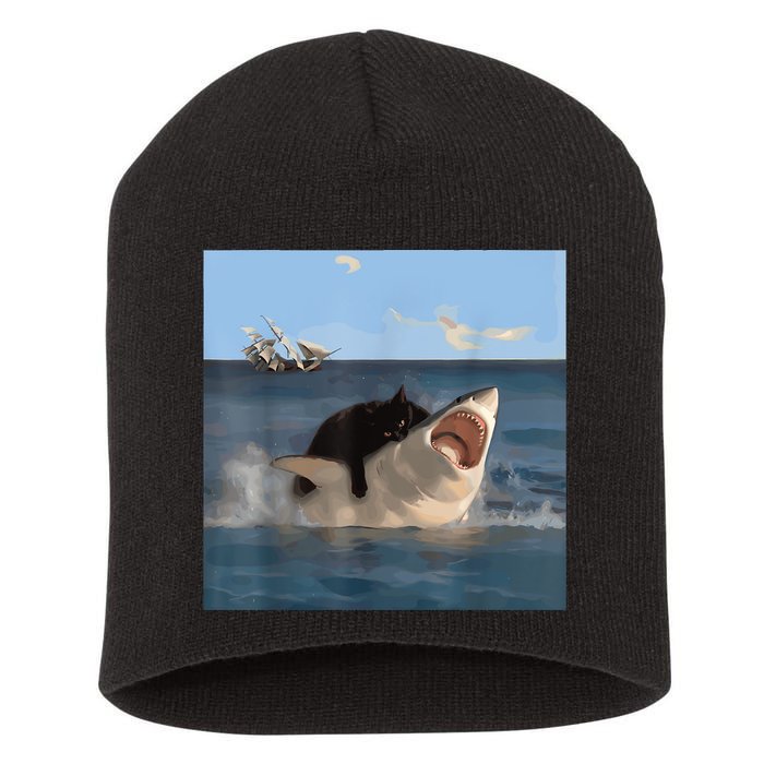 Cat Biting Shark Humorous Playful Funny Cat And Shark Short Acrylic Beanie