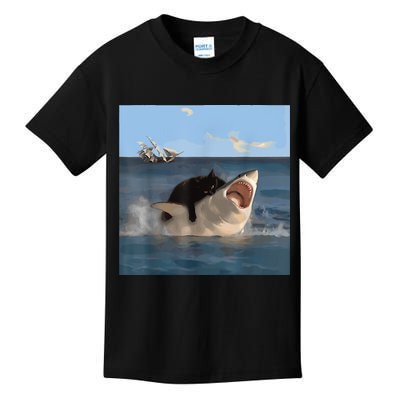 Cat Biting Shark Humorous Playful Funny Cat And Shark Kids T-Shirt