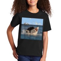 Cat Biting Shark Humorous Playful Funny Cat And Shark Kids T-Shirt