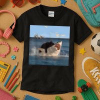 Cat Biting Shark Humorous Playful Funny Cat And Shark Kids T-Shirt