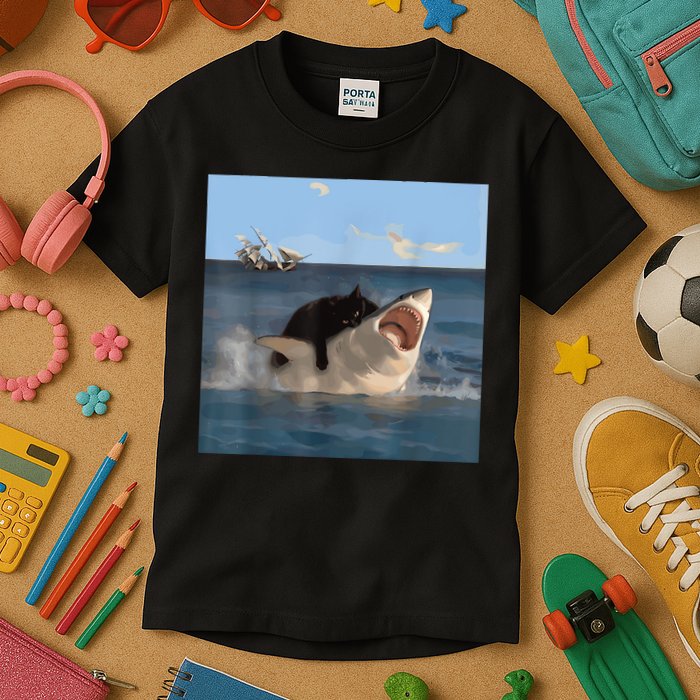 Cat Biting Shark Humorous Playful Funny Cat And Shark Kids T-Shirt