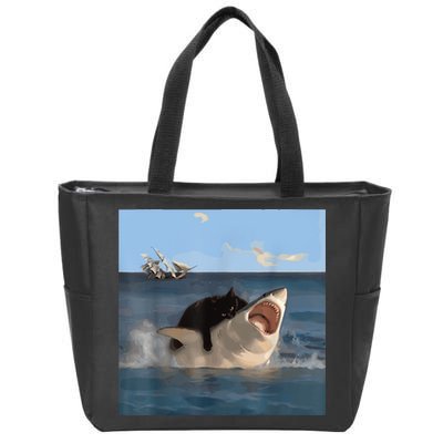 Cat Biting Shark Humorous Playful Funny Cat And Shark Zip Tote Bag