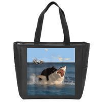 Cat Biting Shark Humorous Playful Funny Cat And Shark Zip Tote Bag