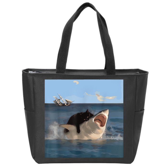 Cat Biting Shark Humorous Playful Funny Cat And Shark Zip Tote Bag