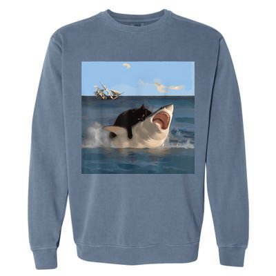 Cat Biting Shark Humorous Playful Funny Cat And Shark Garment-Dyed Sweatshirt