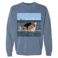 Cat Biting Shark Humorous Playful Funny Cat And Shark Garment-Dyed Sweatshirt