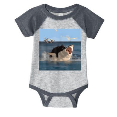Cat Biting Shark Humorous Playful Funny Cat And Shark Infant Baby Jersey Bodysuit