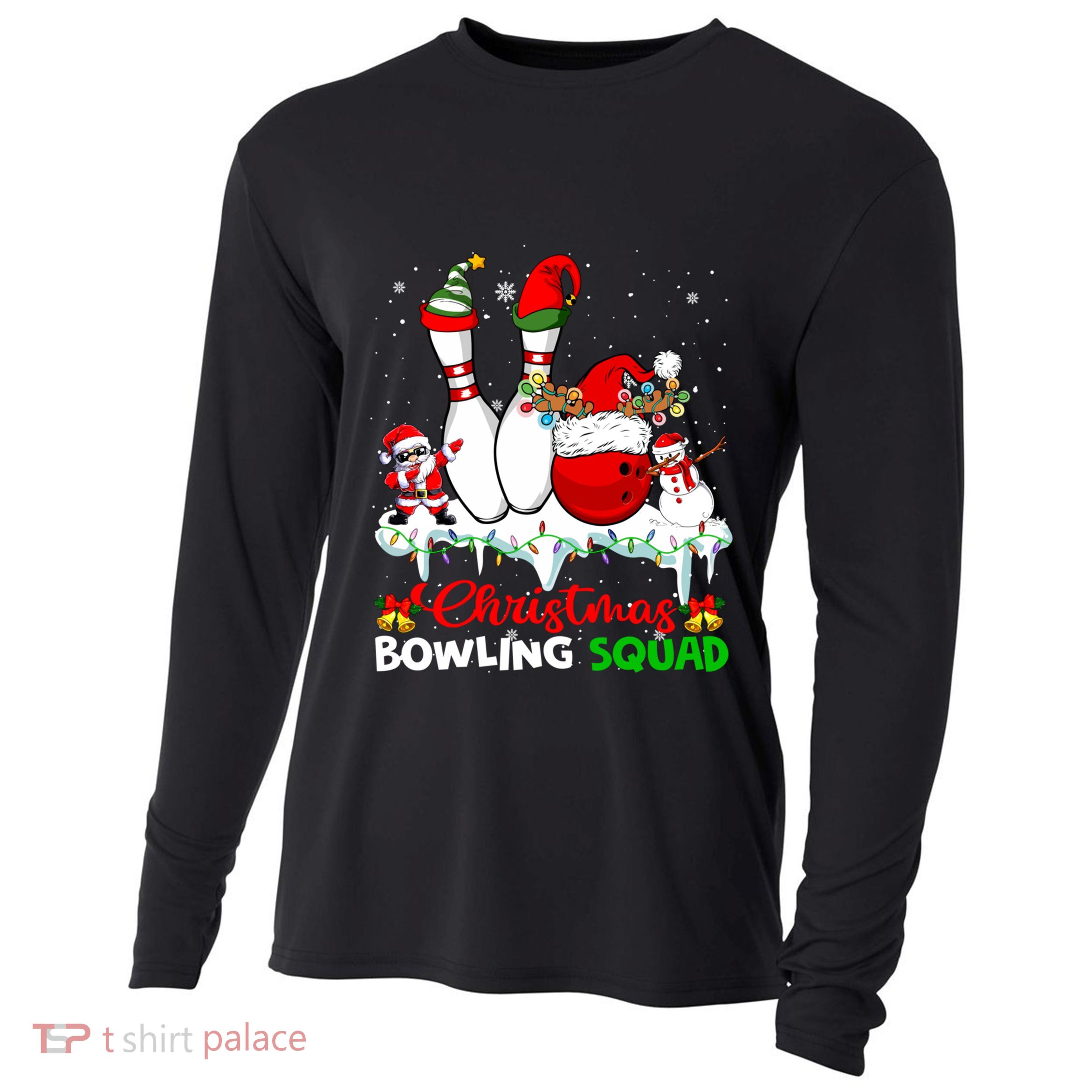 Christmas Bowling Squad Dabbing Santa Elf Bowling Tools Gift Cooling Performance Long Sleeve Crew