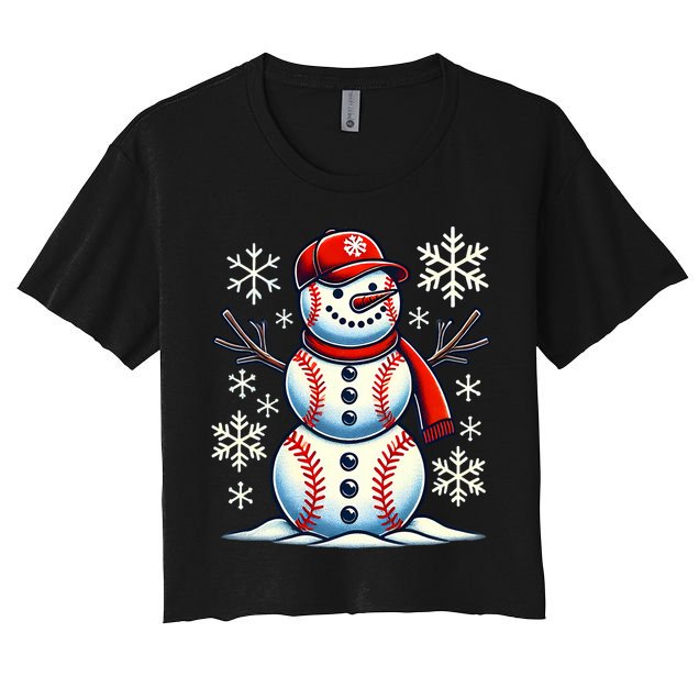 Christmas Baseball Snowman Baseball Christmas Women's Crop Top Tee