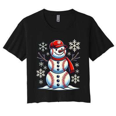 Christmas Baseball Snowman Baseball Christmas Women's Crop Top Tee