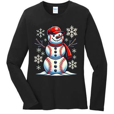 Christmas Baseball Snowman Baseball Christmas Ladies Long Sleeve Shirt