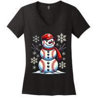 Christmas Baseball Snowman Baseball Christmas Women's V-Neck T-Shirt