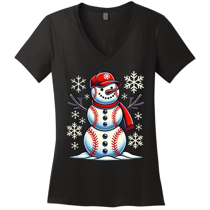 Christmas Baseball Snowman Baseball Christmas Women's V-Neck T-Shirt