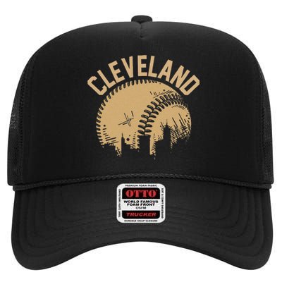 Cleveland Baseball Skyline Ohio Player Coach Fan High Crown Mesh Back Trucker Hat