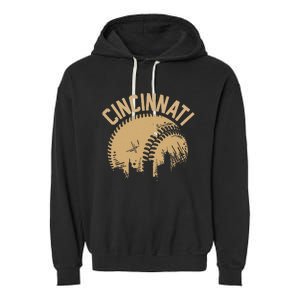 Cincinnati Baseball Skyline Ohio Player Coach Fan Garment-Dyed Fleece Hoodie