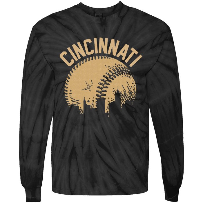 Cincinnati Baseball Skyline Ohio Player Coach Fan Tie-Dye Long Sleeve Shirt