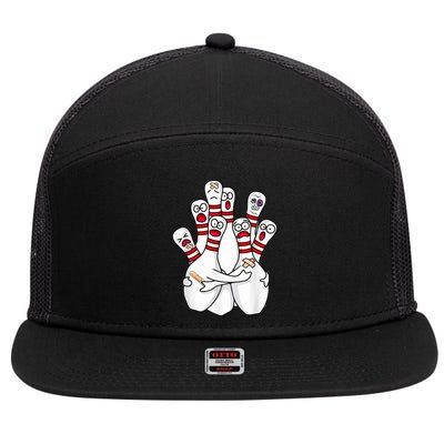 Cartoon Bowling Scared Bowling Pins Funny Sport Bowler 7 Panel Mesh Trucker Snapback Hat