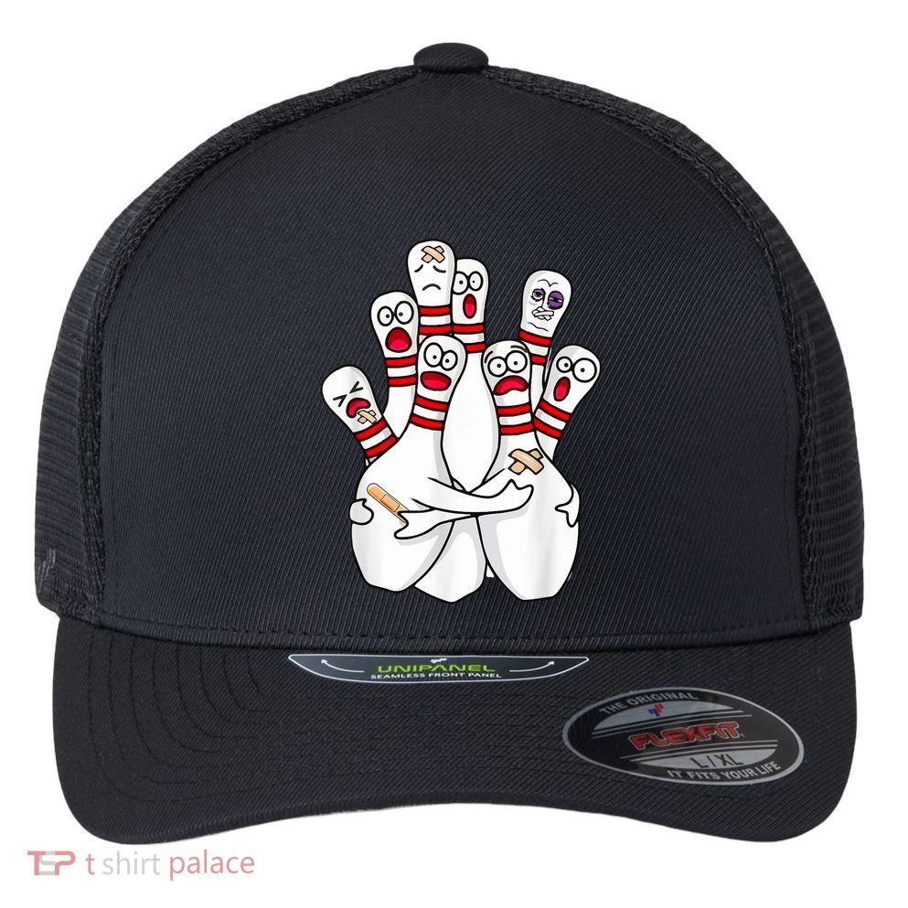 Cartoon Bowling Scared Bowling Pins Funny Sport Bowler Flexfit Unipanel Trucker Cap