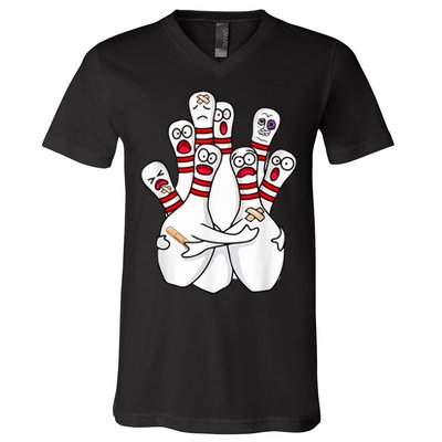 Cartoon Bowling Scared Bowling Pins Funny Sport Bowler V-Neck T-Shirt
