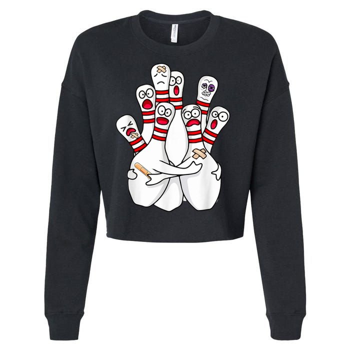 Cartoon Bowling Scared Bowling Pins Funny Sport Bowler Cropped Pullover Crew