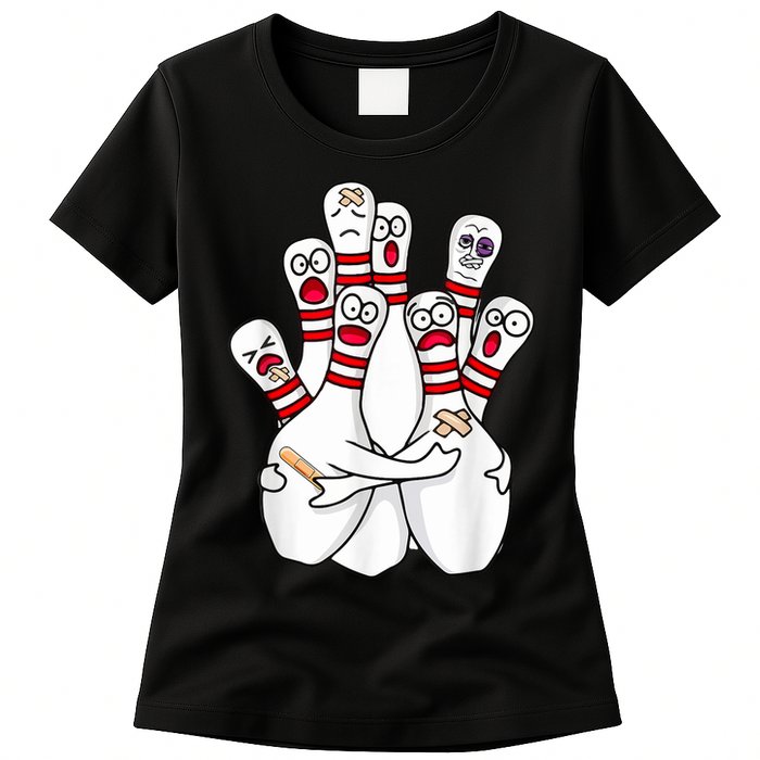Cartoon Bowling Scared Bowling Pins Funny Sport Bowler Womens T-Shirt