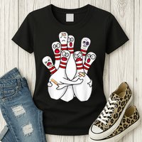 Cartoon Bowling Scared Bowling Pins Funny Sport Bowler Womens T-Shirt