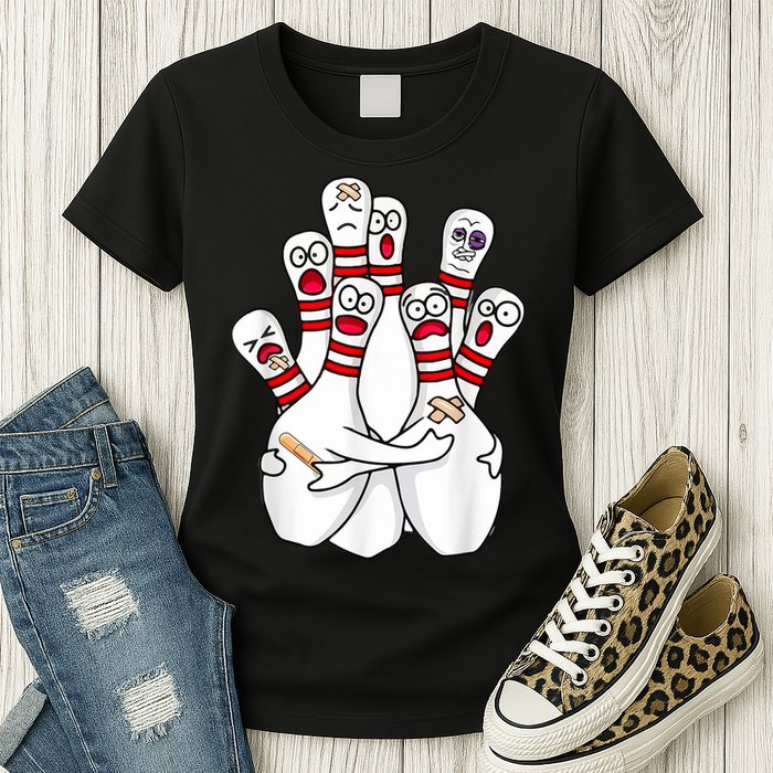 Cartoon Bowling Scared Bowling Pins Funny Sport Bowler Womens T-Shirt