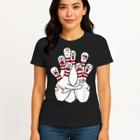 Cartoon Bowling Scared Bowling Pins Funny Sport Bowler Womens T-Shirt