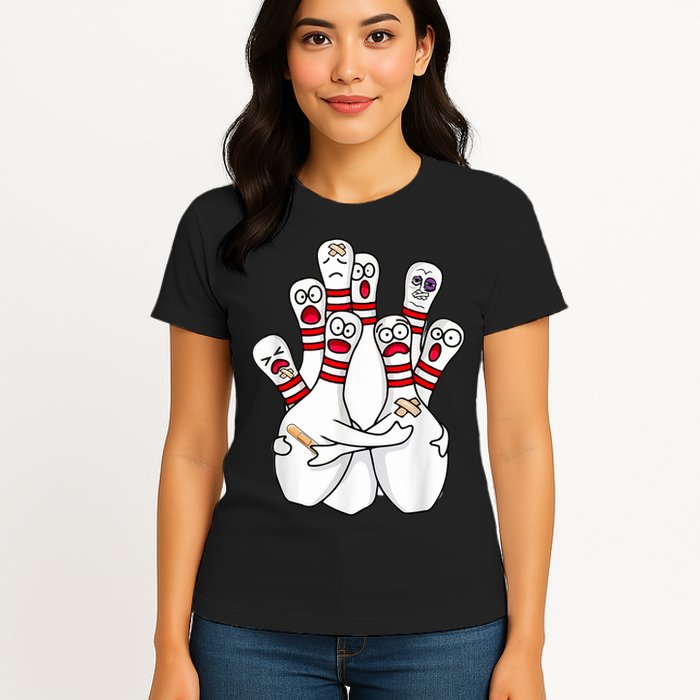 Cartoon Bowling Scared Bowling Pins Funny Sport Bowler Womens T-Shirt
