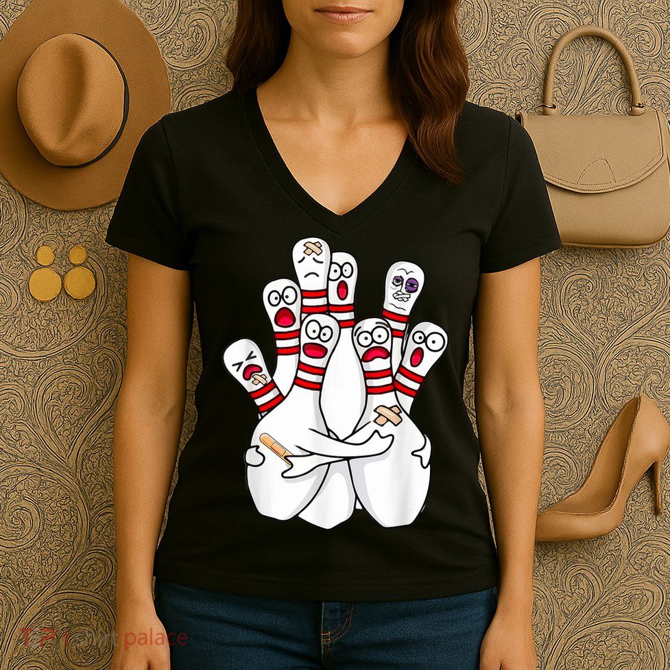 Cartoon Bowling Scared Bowling Pins Funny Sport Bowler Women's V-Neck T-Shirt