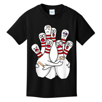 Cartoon Bowling Scared Bowling Pins Funny Sport Bowler Kids T-Shirt