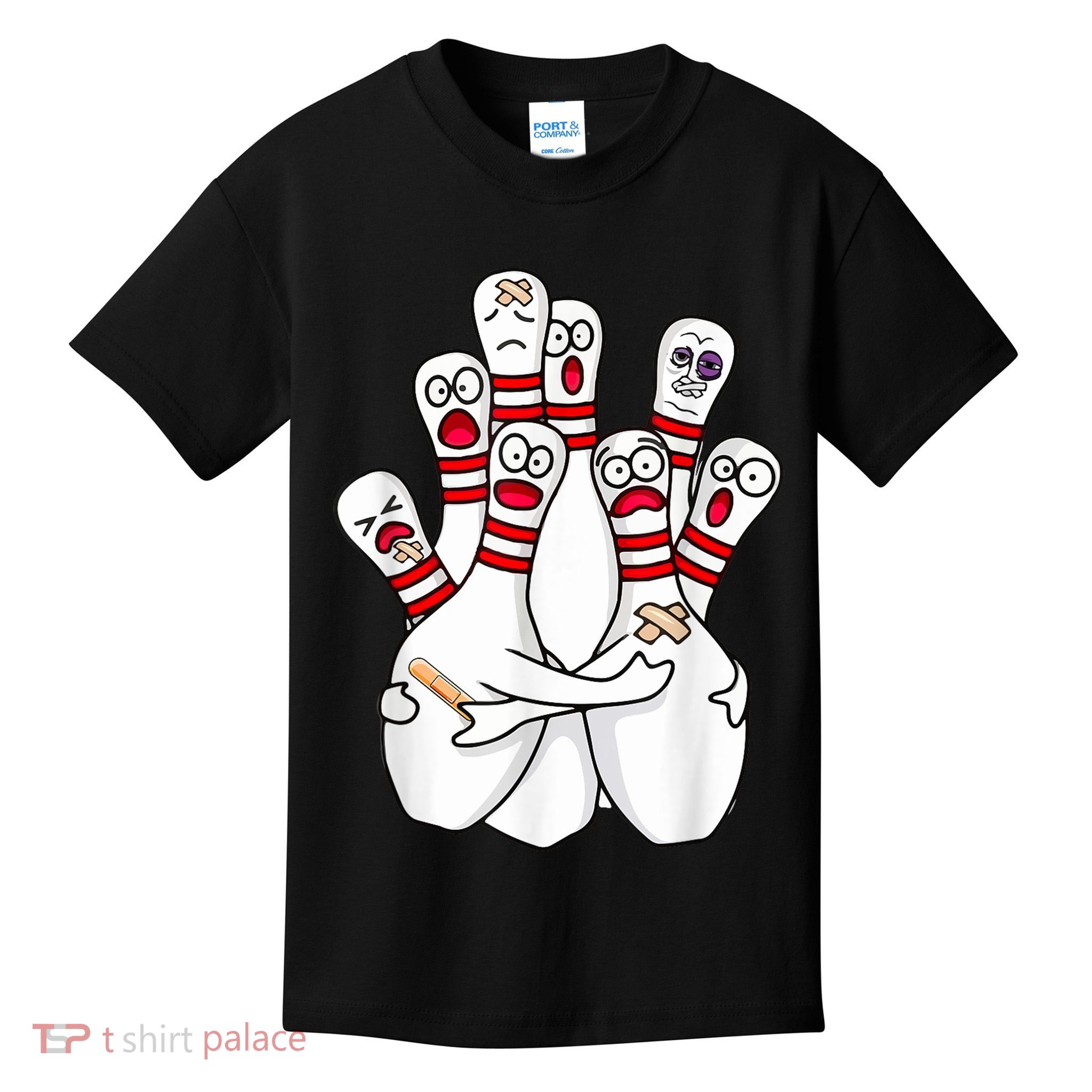 Cartoon Bowling Scared Bowling Pins Funny Sport Bowler Kids T-Shirt