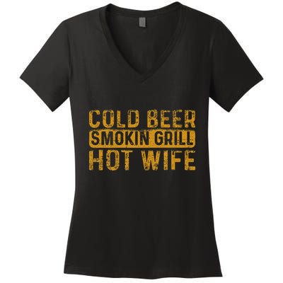 Cold Beer Smoking Grill Hotwife Husband Wife Bbq Joke Women's V-Neck T-Shirt