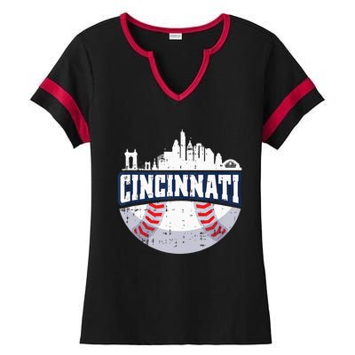 Cincinnati Baseball Skyline Ohio Baseball Player Gift Ladies Halftime Notch Neck Tee