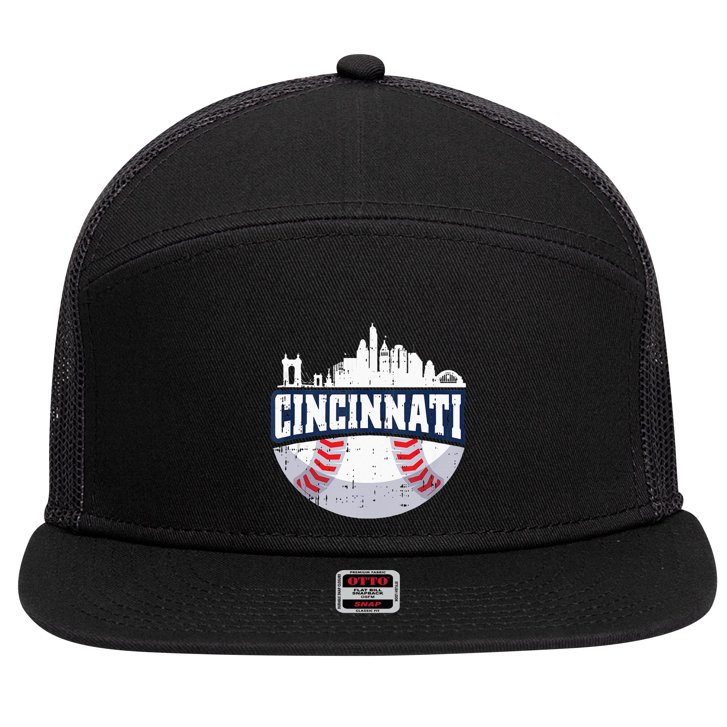 Cincinnati Baseball Skyline Ohio Baseball Player Gift 7 Panel Mesh Trucker Snapback Hat