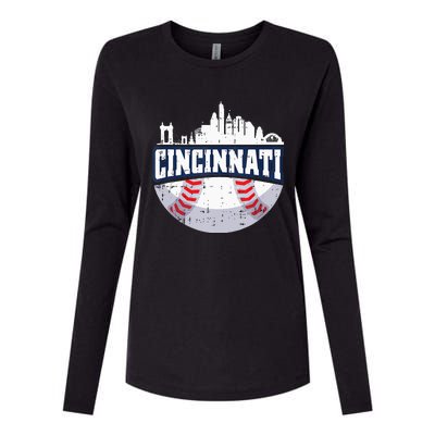 Cincinnati Baseball Skyline Ohio Baseball Player Gift Womens Cotton Relaxed Long Sleeve T-Shirt