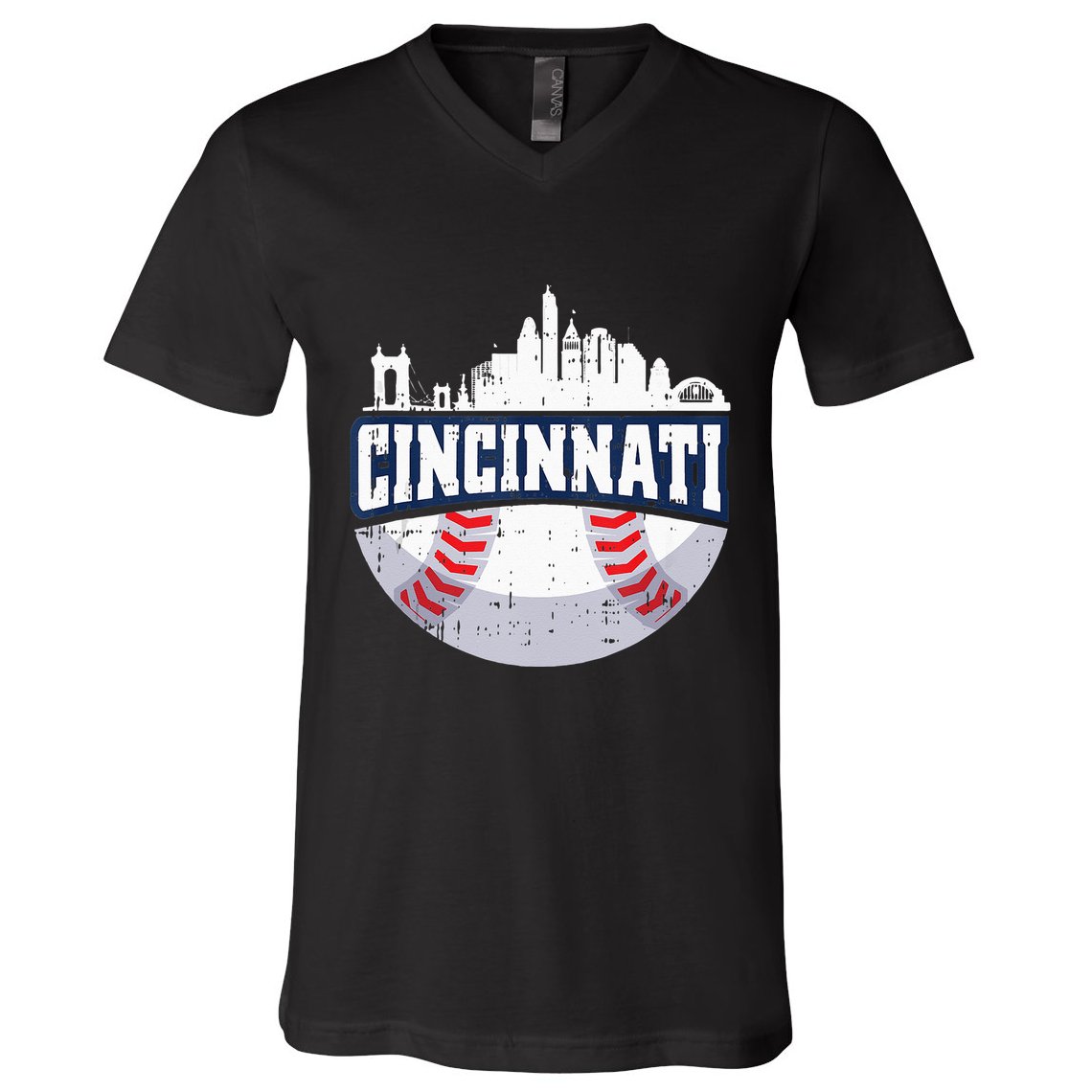 Cincinnati Baseball Skyline Ohio Baseball Player Gift V-Neck T-Shirt