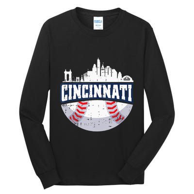 Cincinnati Baseball Skyline Ohio Baseball Player Gift Tall Long Sleeve T-Shirt
