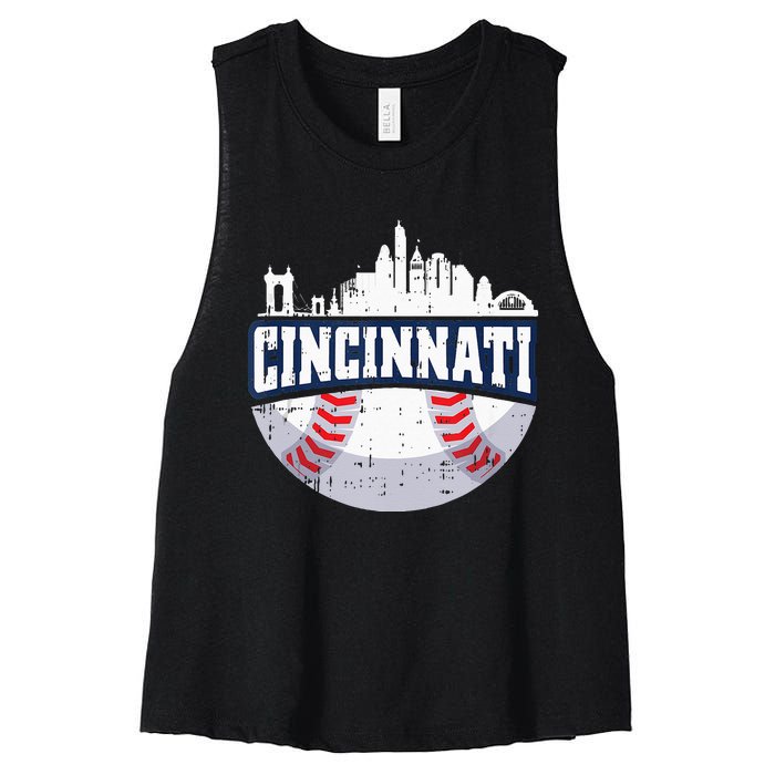 Cincinnati Baseball Skyline Ohio Baseball Player Gift Women's Racerback Cropped Tank