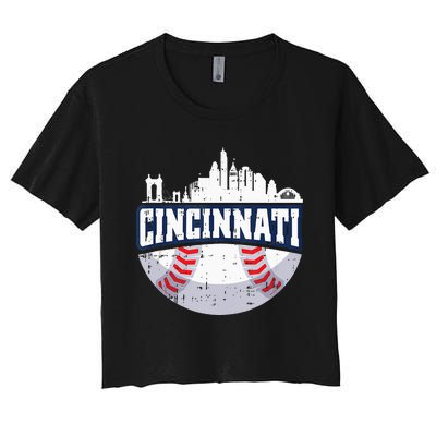 Cincinnati Baseball Skyline Ohio Baseball Player Gift Women's Crop Top Tee