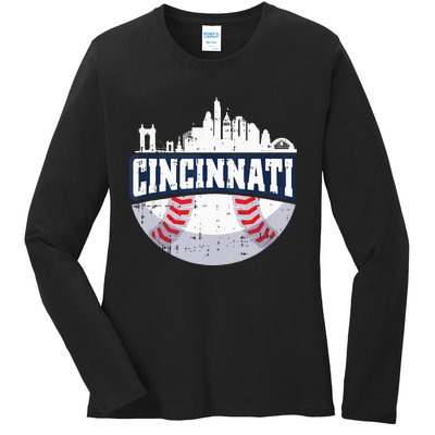 Cincinnati Baseball Skyline Ohio Baseball Player Gift Ladies Long Sleeve Shirt