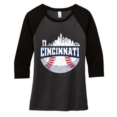 Cincinnati Baseball Skyline Ohio Baseball Player Gift Women's Tri-Blend 3/4-Sleeve Raglan Shirt