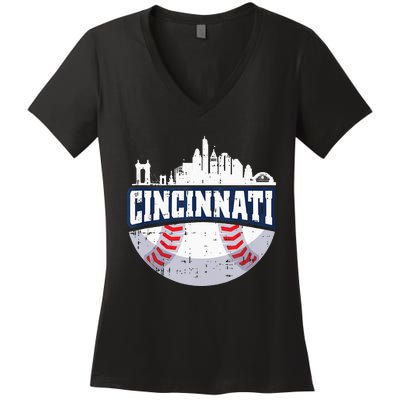 Cincinnati Baseball Skyline Ohio Baseball Player Gift Women's V-Neck T-Shirt