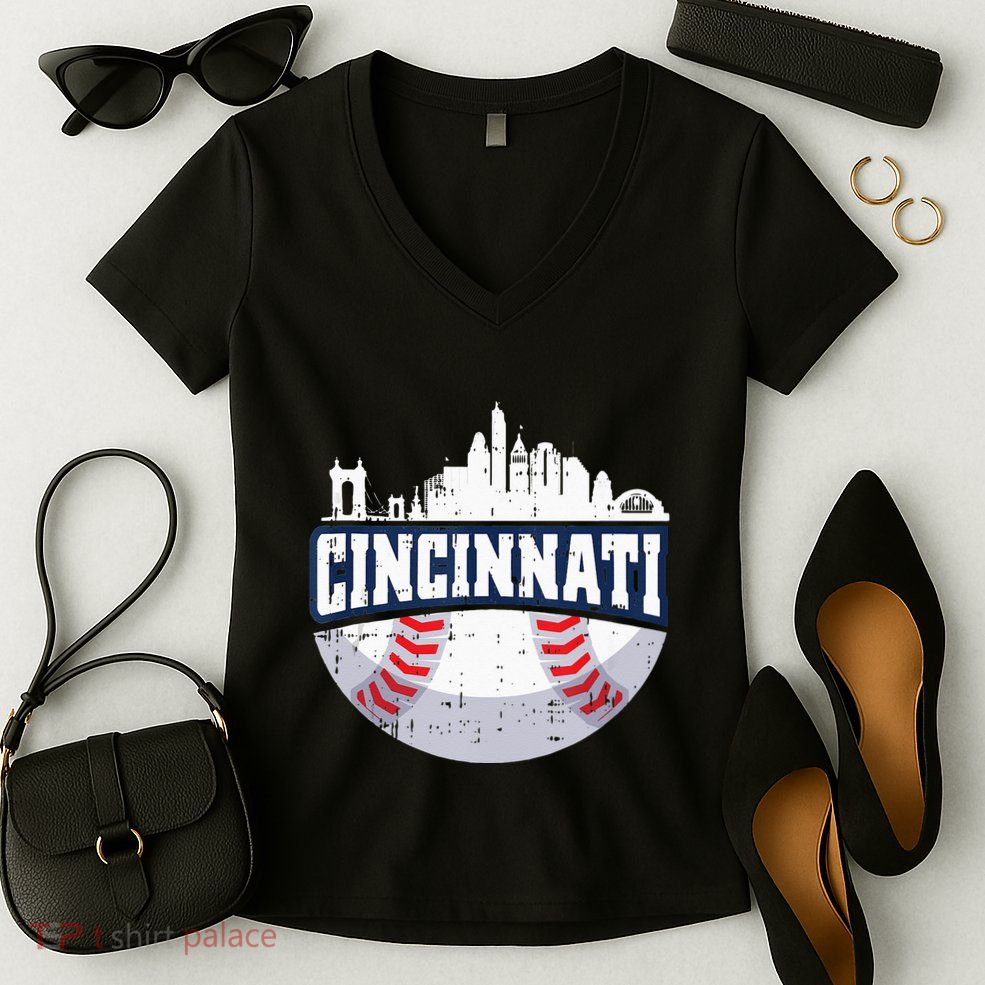 Cincinnati Baseball Skyline Ohio Baseball Player Gift Women's V-Neck T-Shirt