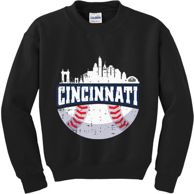 Cincinnati Baseball Skyline Ohio Baseball Player Gift Kids Sweatshirt