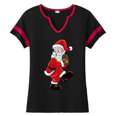 Christmas Baseball Santa Claus Pitcher Boy Xmas Ladies Halftime Notch Neck Tee