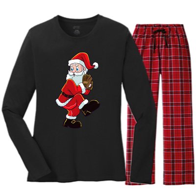 Christmas Baseball Santa Claus Pitcher Boy Xmas Women's Long Sleeve Flannel Pajama Set 